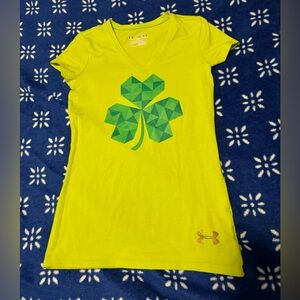Under Armour size YMD/JM Neon Yellow V-Neck Tee with Green Geometric Shamrock